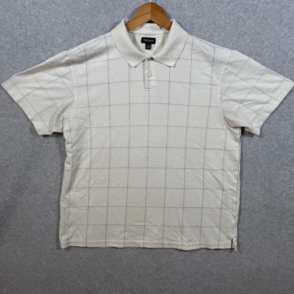Van Heusen Mens Large Polo Shirt Cream Off White Grid Windowpane Short Sleeve